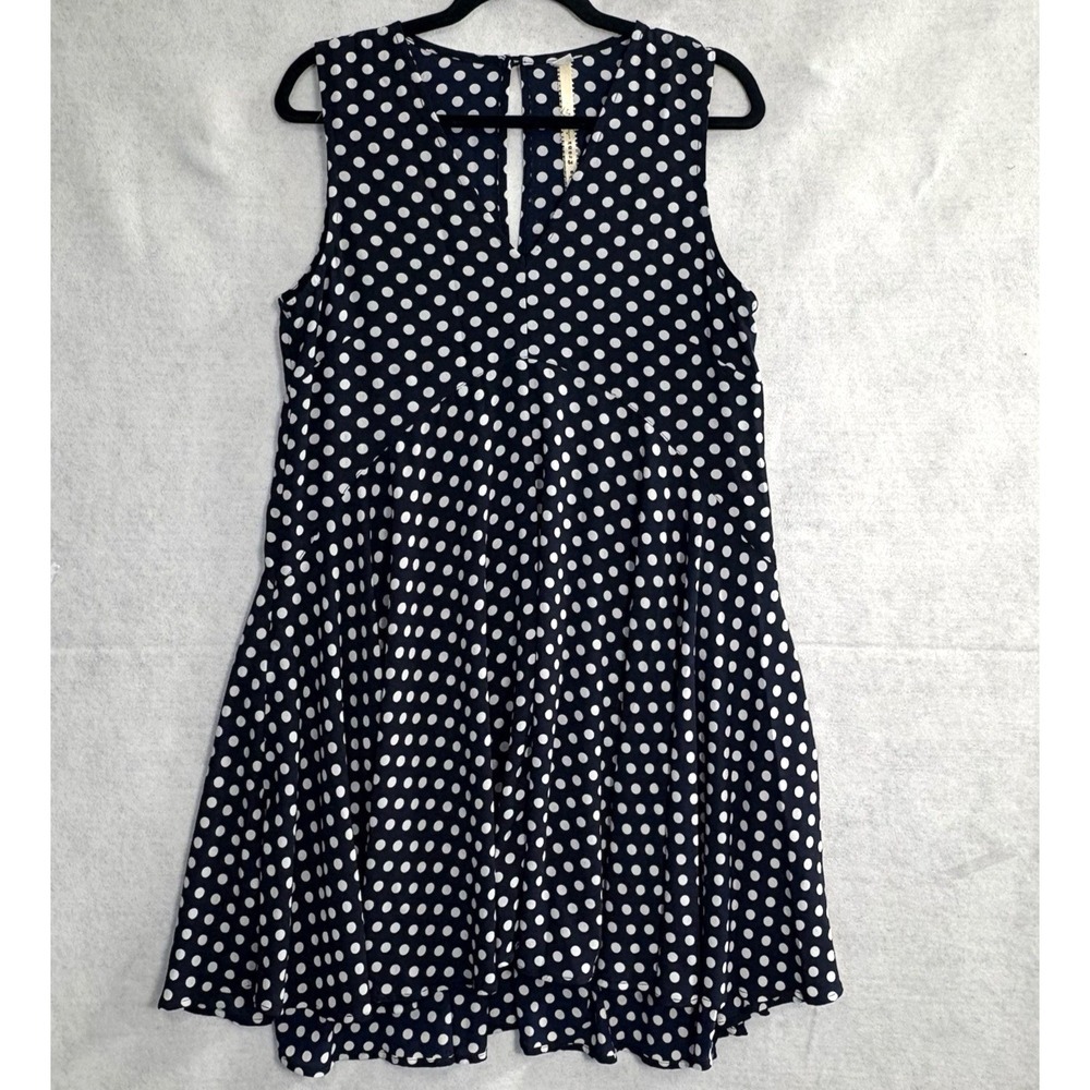Anthropologie UNCLE FRANK Polka Dot V Neck Empire Waist Dress Sz M Blue 79-39